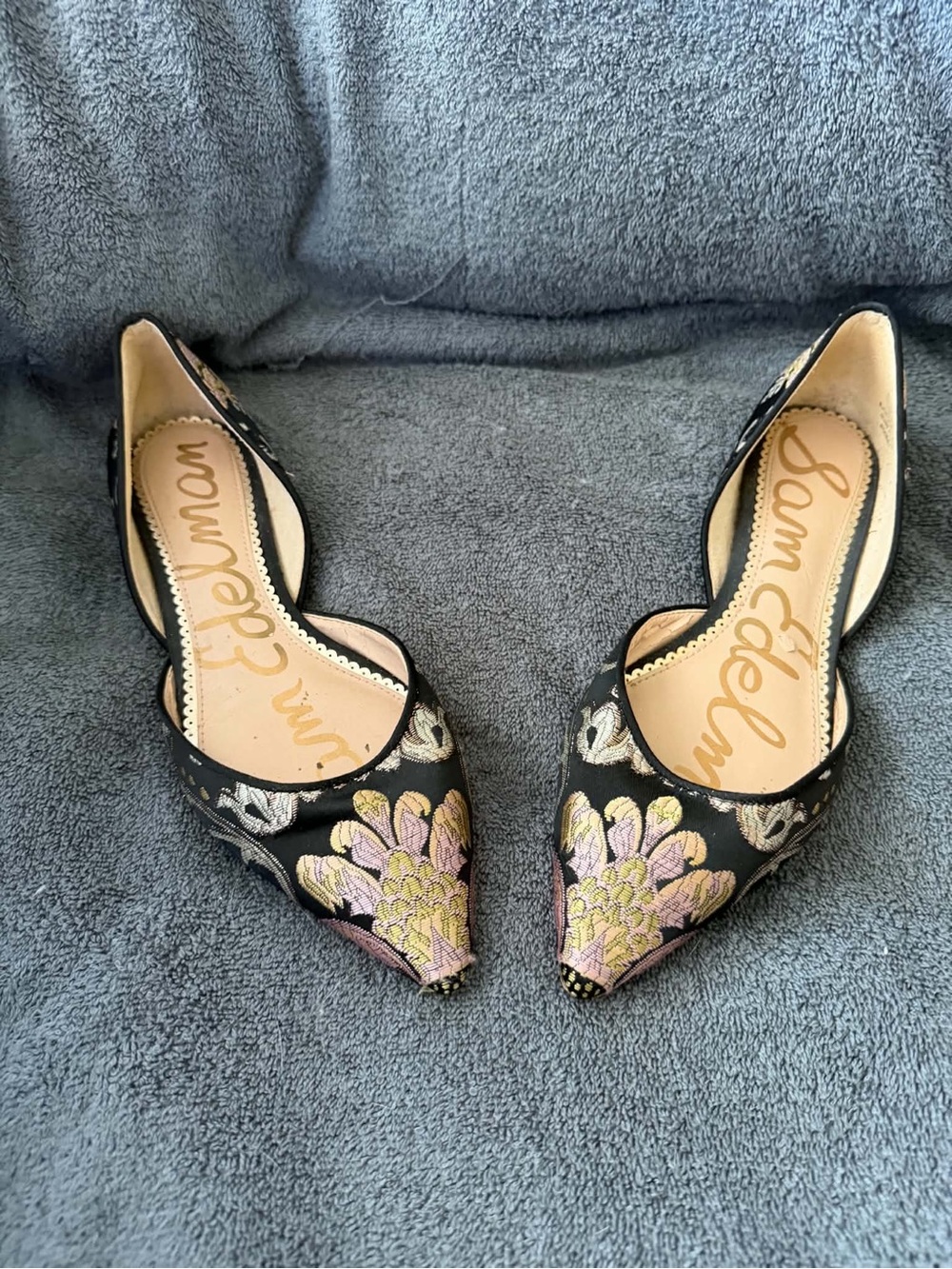 Sam Edelman Black Pointed D'Orsay Flats with Pastel Floral Embroidery